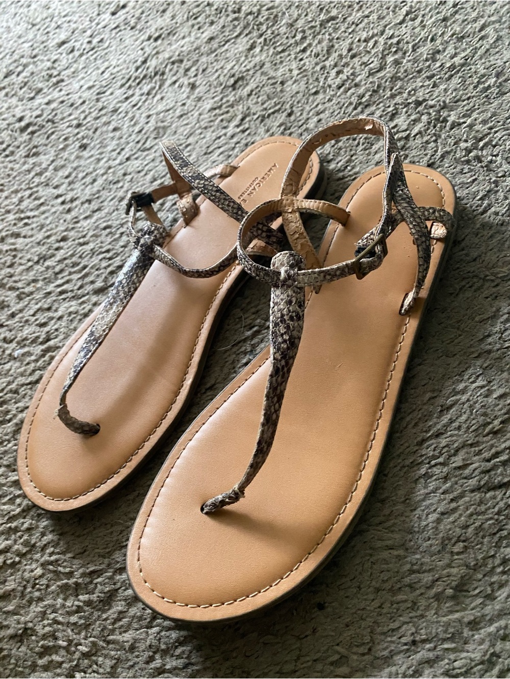 American Eagle Neutral Tan Snake-Print T-Strap Sandals